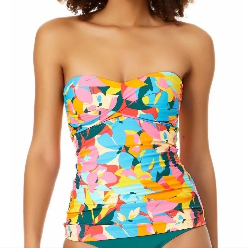 ANNE COLE Blue and Pink Tankini Top with Vibrant Floral Design, XSMALL - Picture 1 of 5